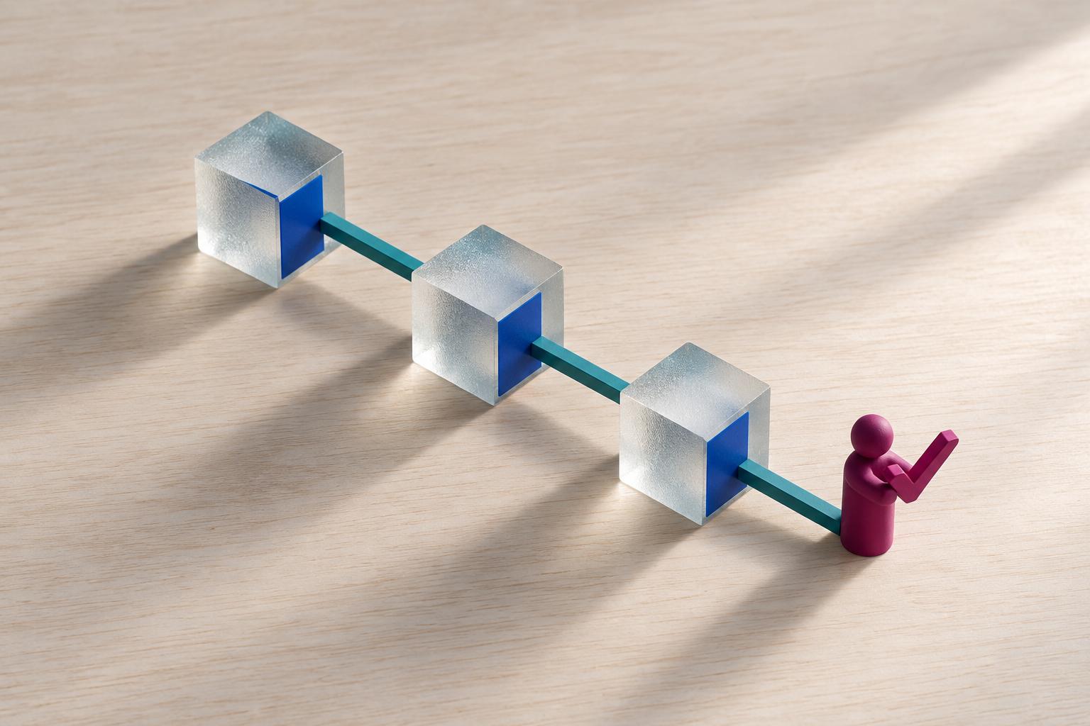 Three frosted glass blocks joined by teal rails leading to a small magenta figure holding a tick
