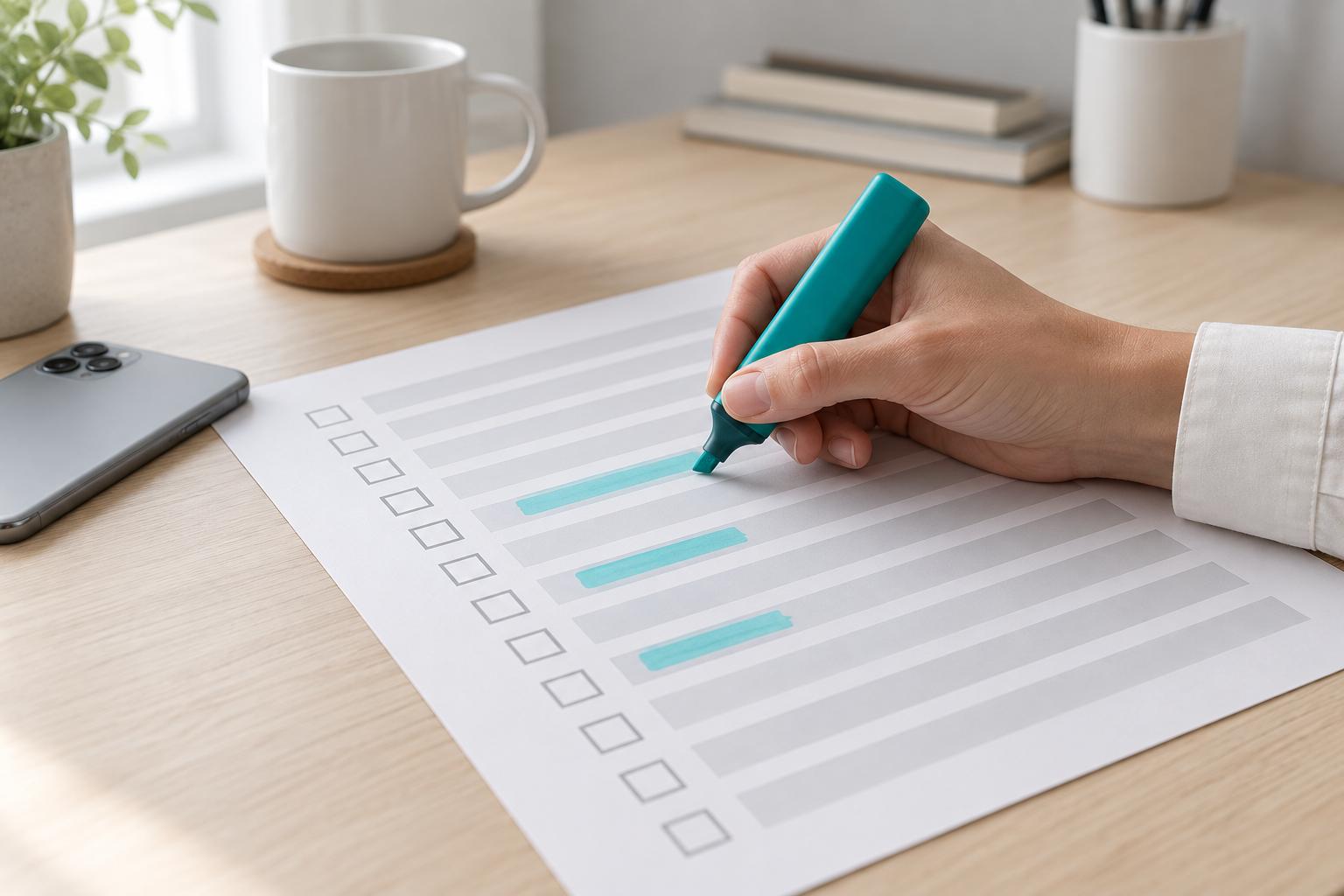 A hand marking rows on a printed checklist with a teal highlighter, phone face down beside it
