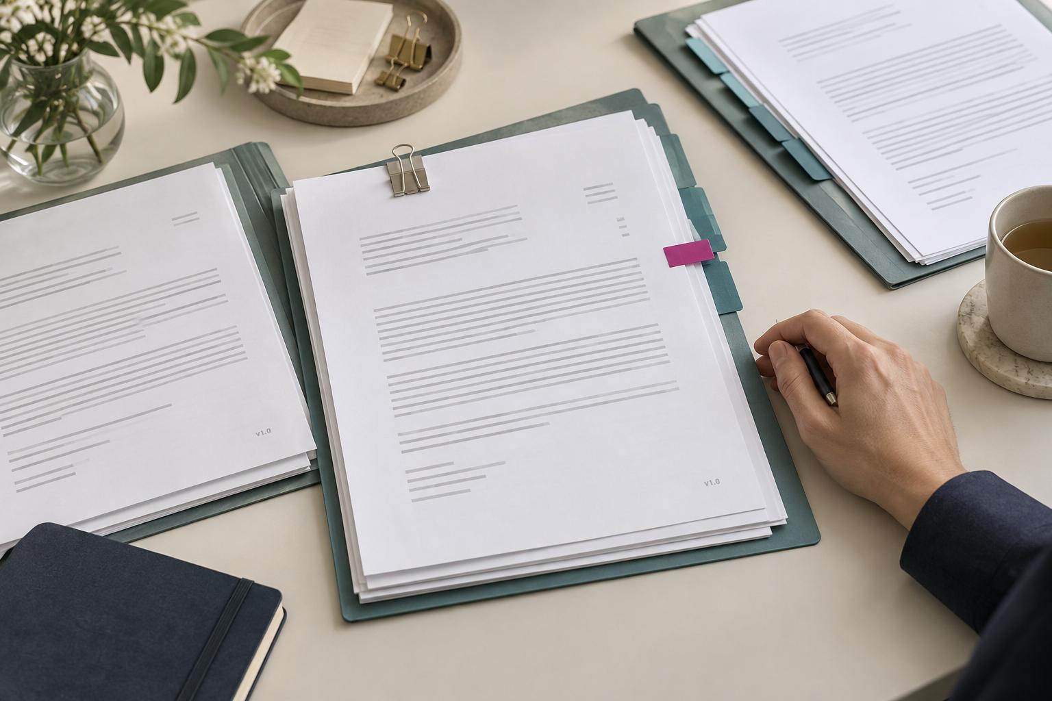 An open document folder with teal index tabs and a magenta marker, beside a hand holding a pen