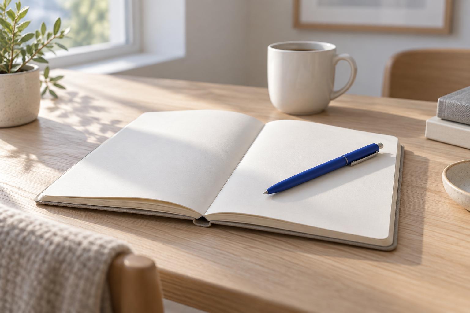 An open blank notebook with a blue pen and a mug in morning light