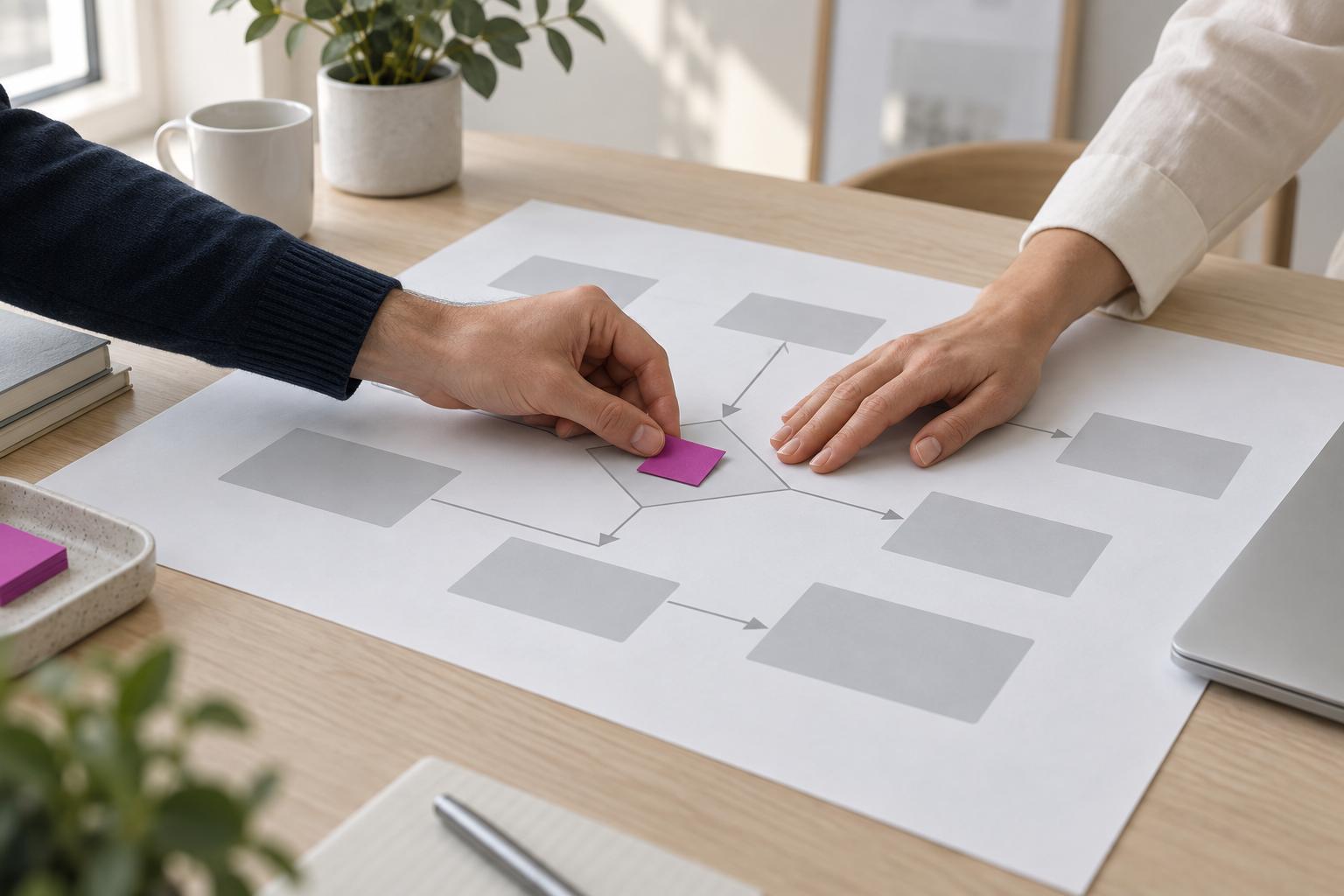 Two people placing a magenta marker on a printed workflow map beside a laptop