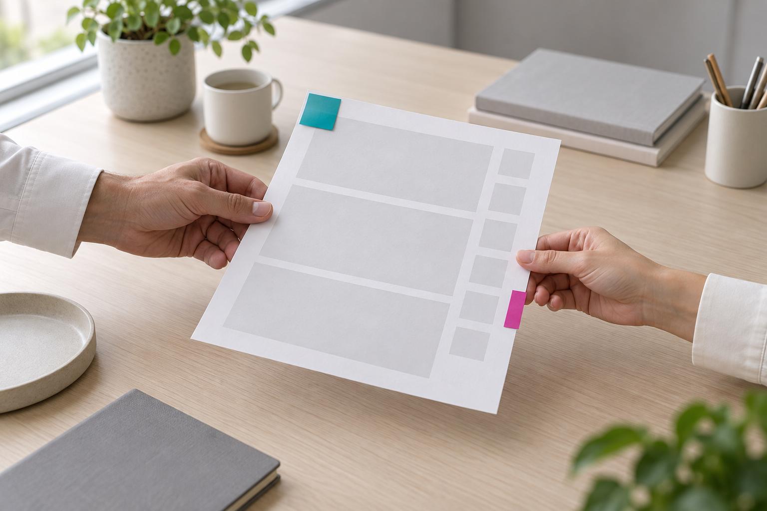 One person handing a printed one-page guide with teal and magenta tabs to another across a desk