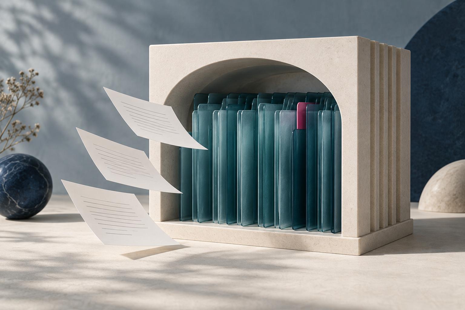 Teal document folios held within a sculptural ivory enclosure, with three sheets approaching the collection